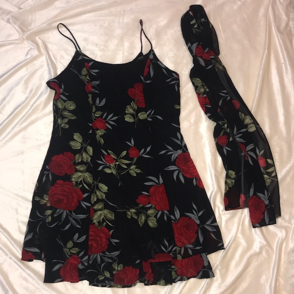 Black floral dress with scarf